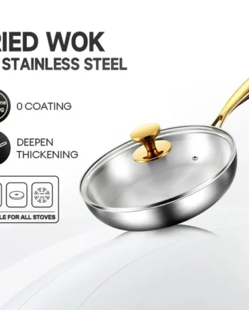 SUPVIBE 316 Stainless Steel Frying Pan With Cover Uncoated Wok Gas Induction Cooker Universal