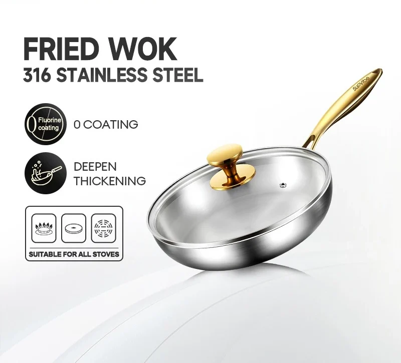 SUPVIBE 316 Stainless Steel Frying Pan With Cover Uncoated Wok Gas Induction Cooker Universal