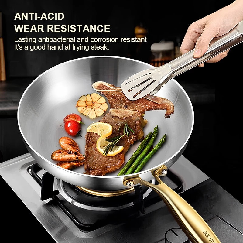 SUPVIBE 316 Stainless Steel Frying Pan With Cover Uncoated Wok Gas Induction Cooker Universal