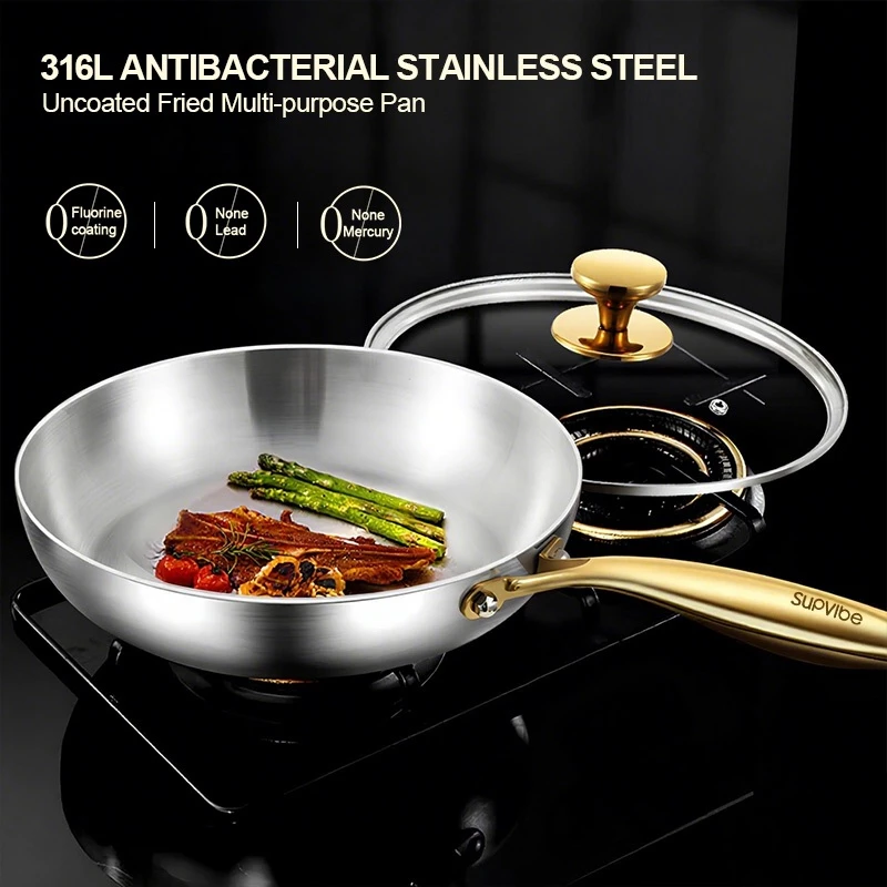 SUPVIBE 316 Stainless Steel Frying Pan With Cover Uncoated Wok Gas Induction Cooker Universal