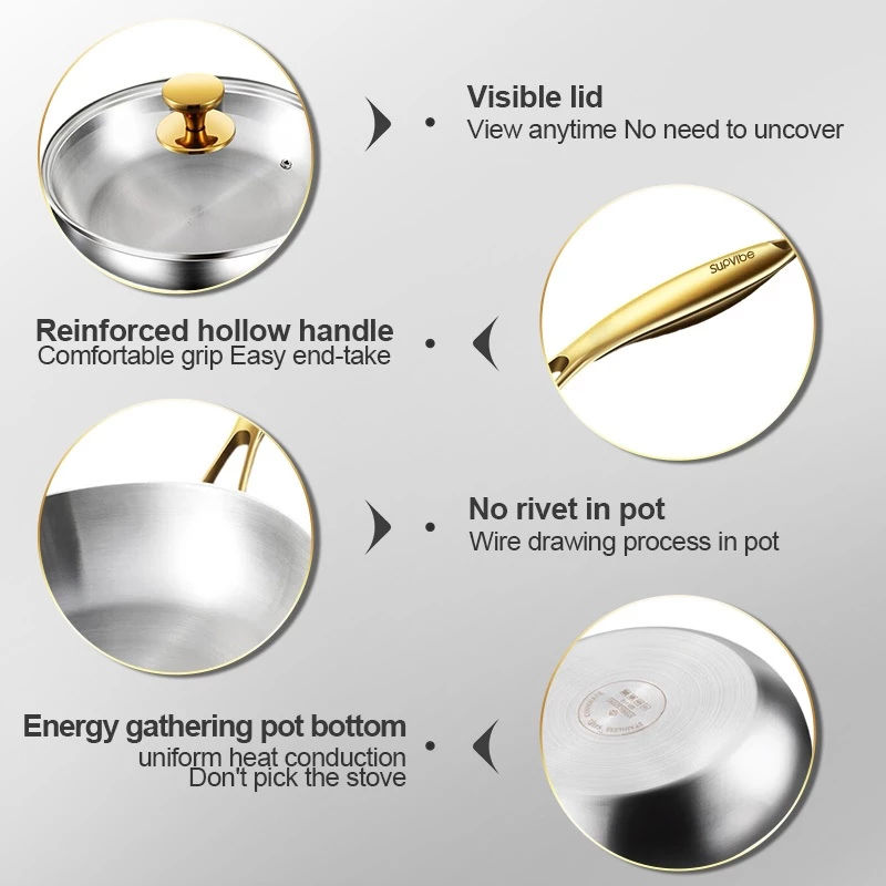 SUPVIBE 316 Stainless Steel Frying Pan With Cover Uncoated Wok Gas Induction Cooker Universal