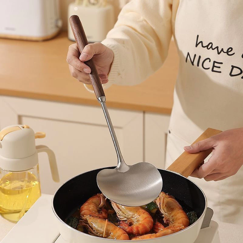 Walnut Handle Mushroom Spatula | 304 Stainless Steel & 300℃ Heat Resistant | Non-Scratch Kitchen Tool
